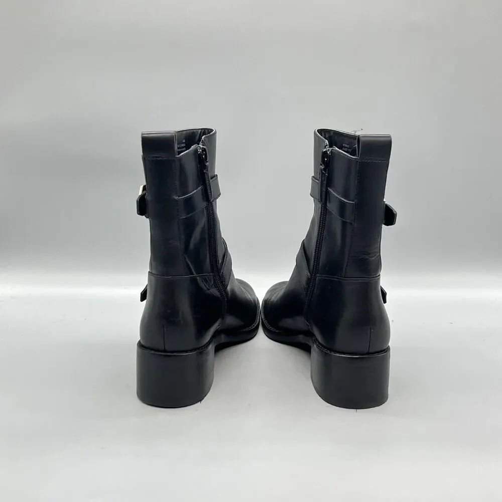 Cole Haan Boots Womens 6 Black Leather Ankle Biker Buckle Zip Block Heel Shoes